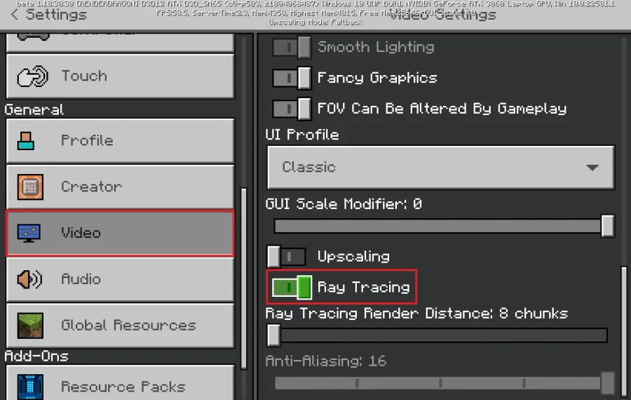 Minecraft Settings > Video > Ray Tracing