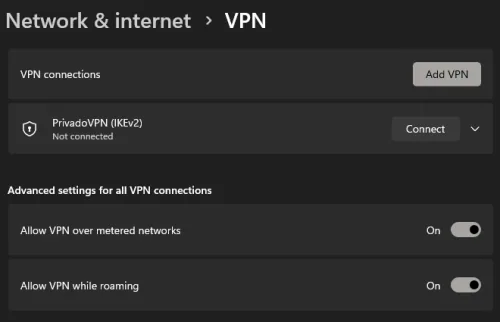 Windows Settings > Network & Internet > VPN