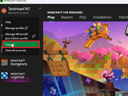 minecraft account log out