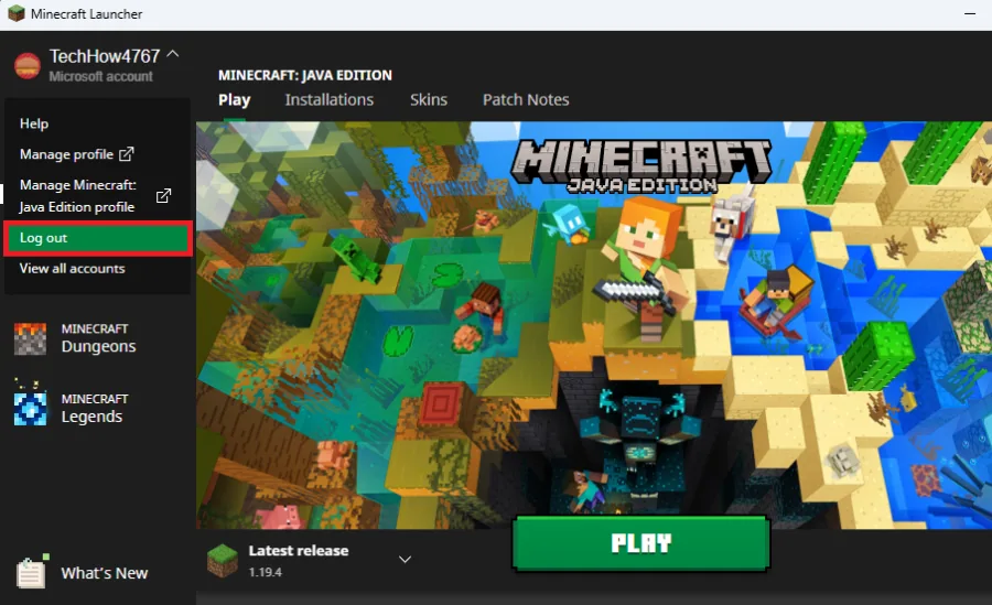 minecraft launcher log out of account