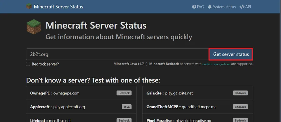 verify the Minecraft server status
