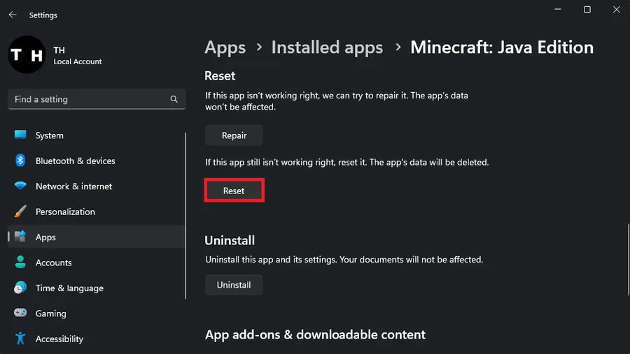 reset the Minecraft: Java Edition app