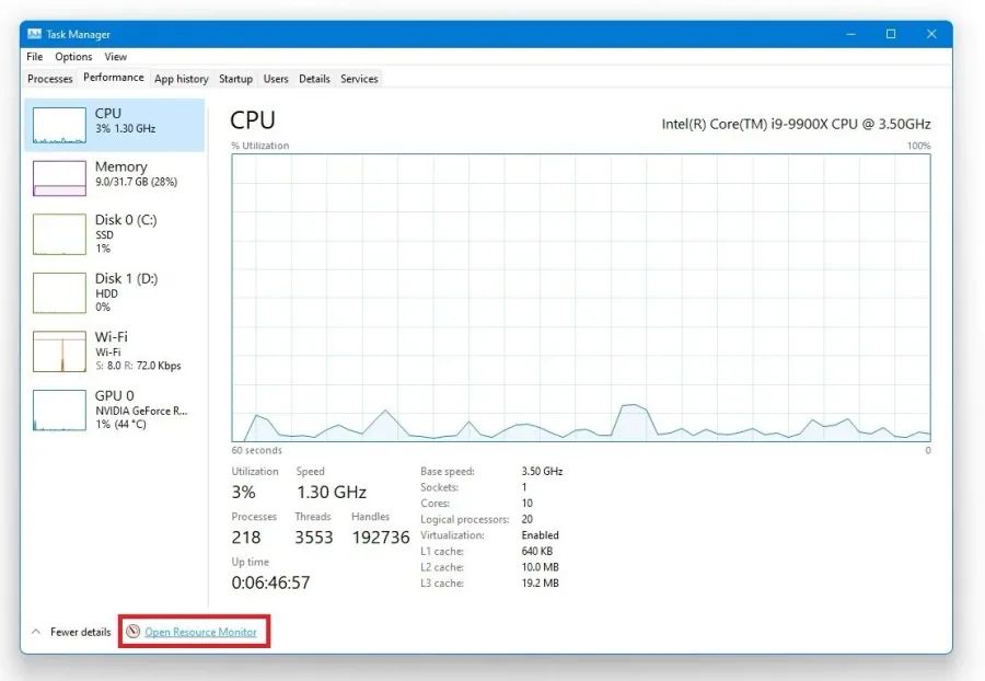 Task Manager > Performance > Resource Monitor