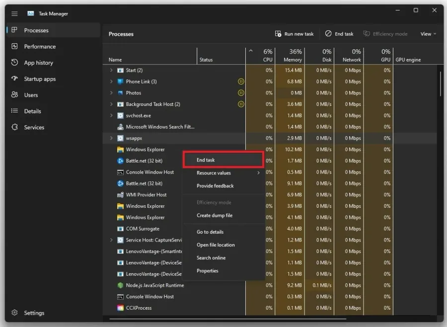Task Manager > Processes > End Task