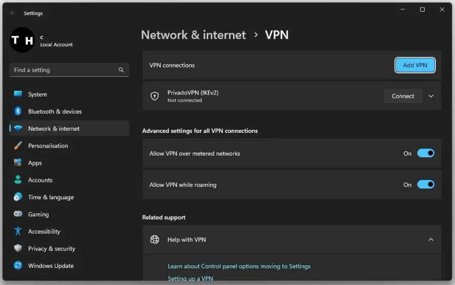 Windows Settings > Network & Internet > VPN