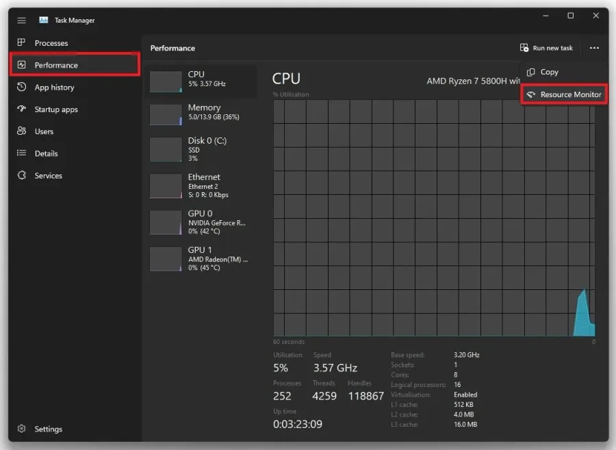 Task Manager > Performance > Resource Monitor