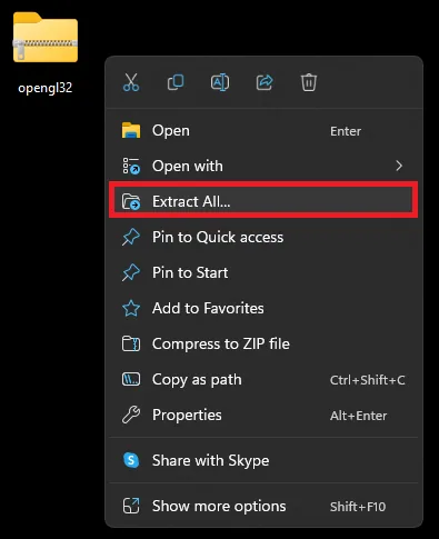Right-click opengl32 > Extract All