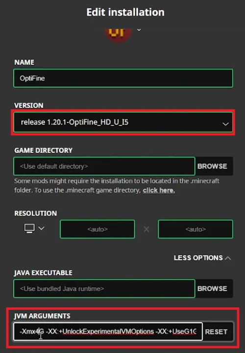 edit optifine installatin