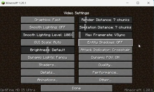 minecraft setings