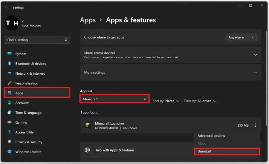 Windows Settings > Apps > Apps & Features > Minecraft Launcher