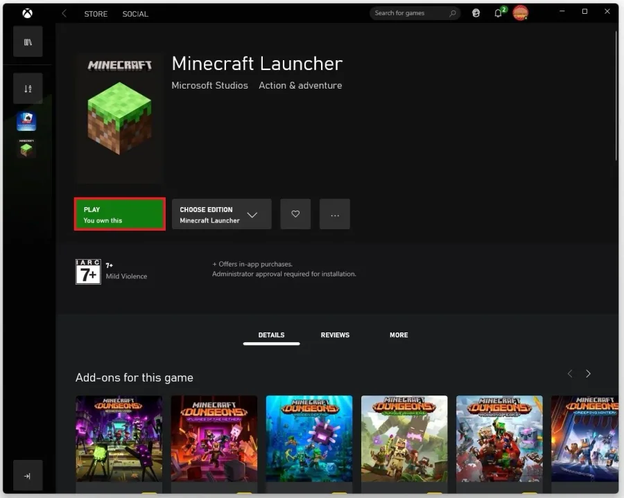 Microsoft Store > Minecraft Launcher