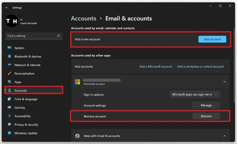 Windows Settings > Accounts > Email & Accounts