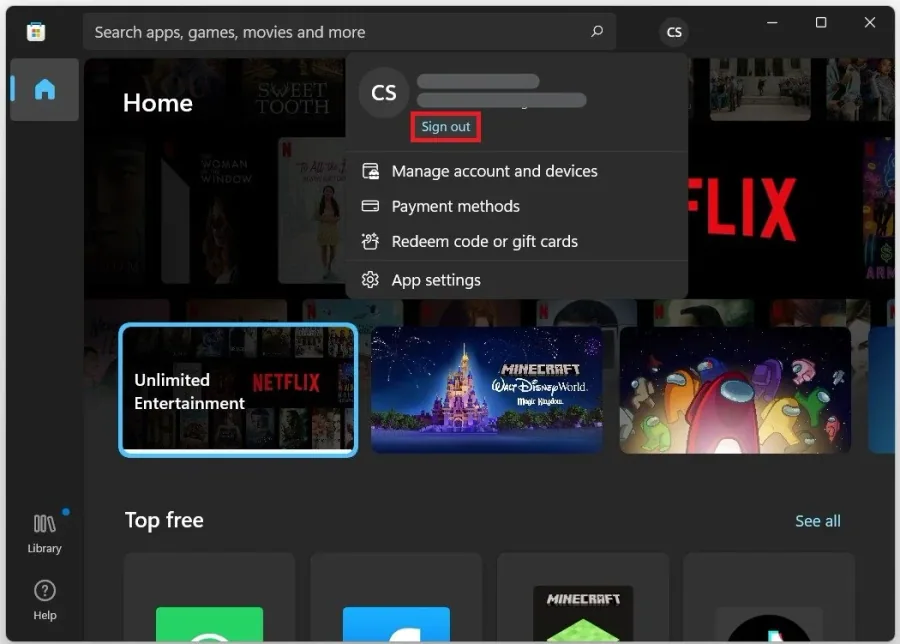 Microsoft Store > Sign Out