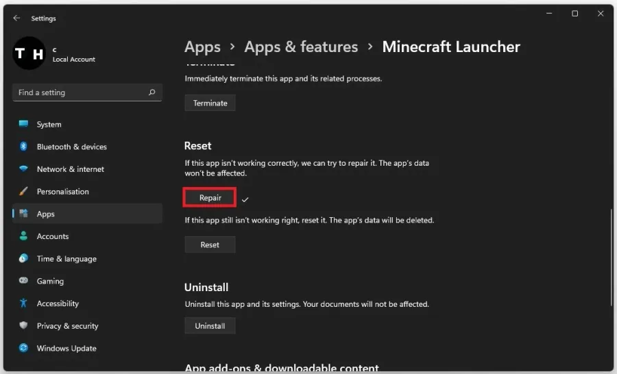 Apps & Features > Minecraft Launcher > Repair