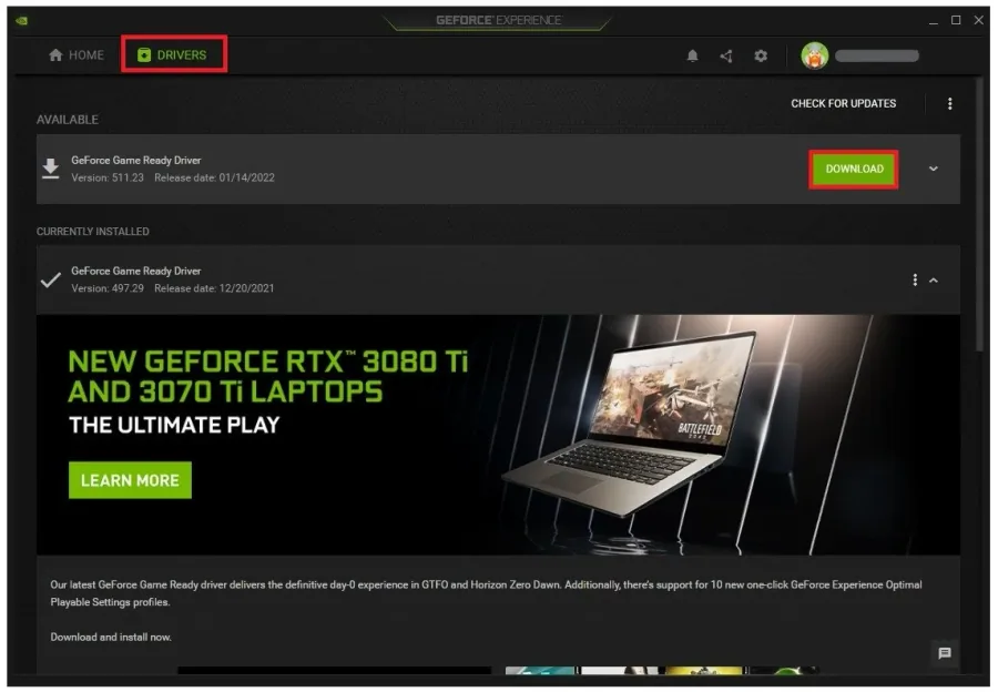 GeForce Experience > Drivers > Download