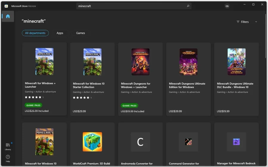 Microsoft Store > Minecraft