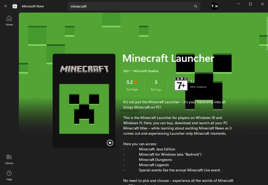 minecraft launcher in microsoft store