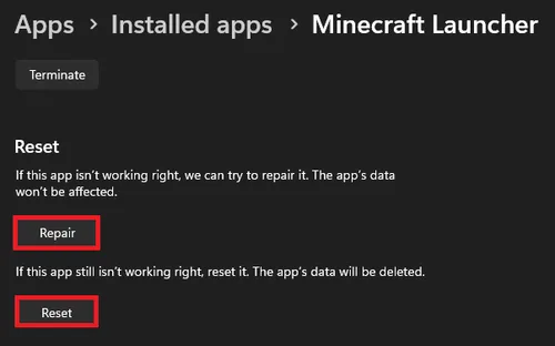 reset minecraft launcher app