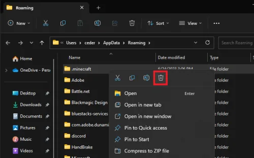 delete the minecraft folder