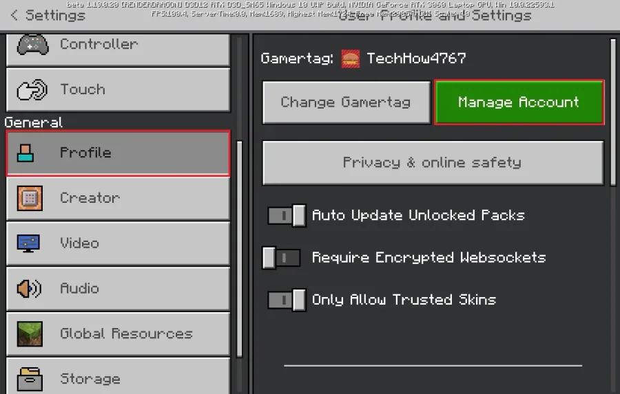 Minecraft Settings > Profile > Manage Account