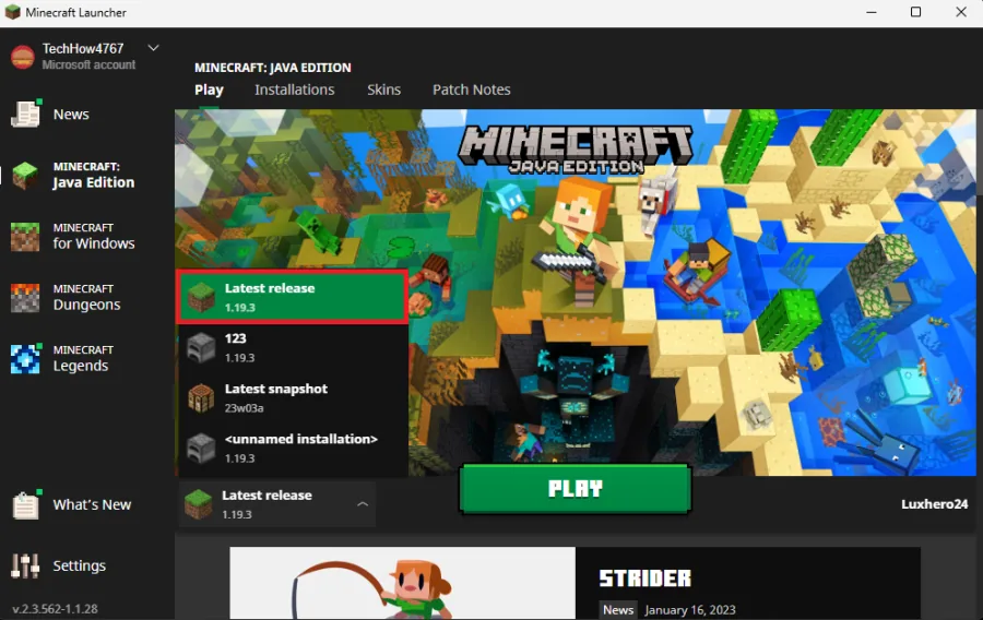 Minecraft Launcher > Check Installed Version