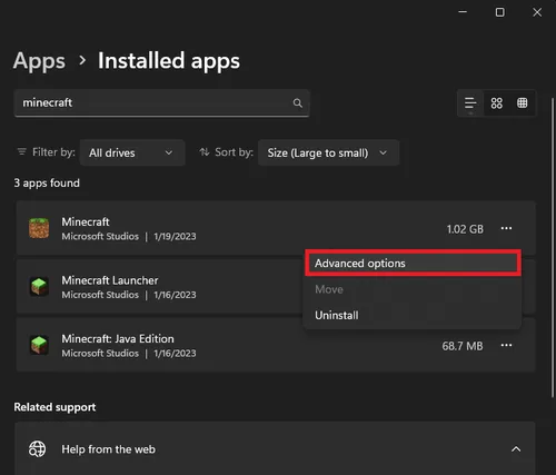 Windows Settings > Apps > Installed Apps > Minecraft