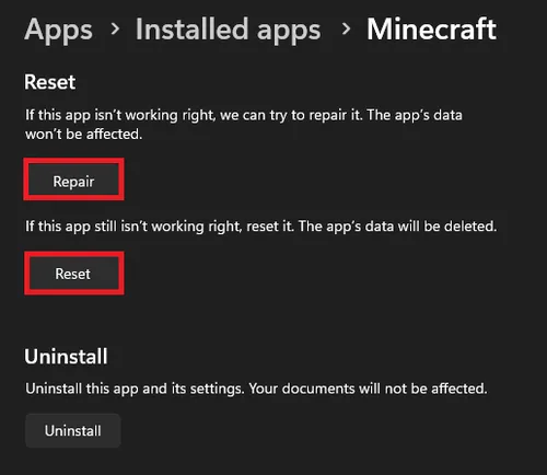Repair & Reset Minecraft App