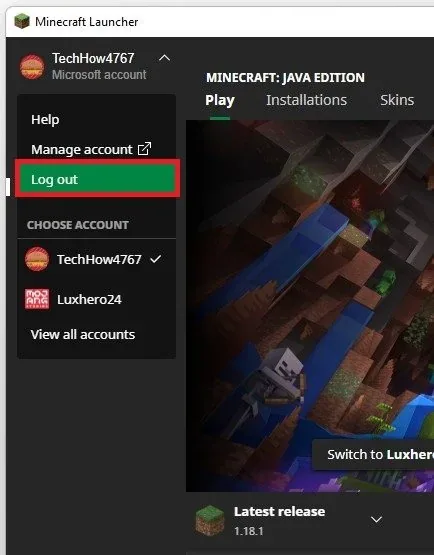 Minecraft Launcher > Account > Log Out