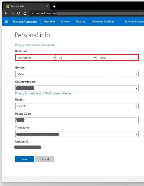 Change your birthdate in the Personal Info section