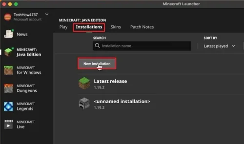 Minecraft Launcher Installations Tab