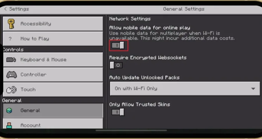 Minecraft PE Settings > General > Allow mobile data