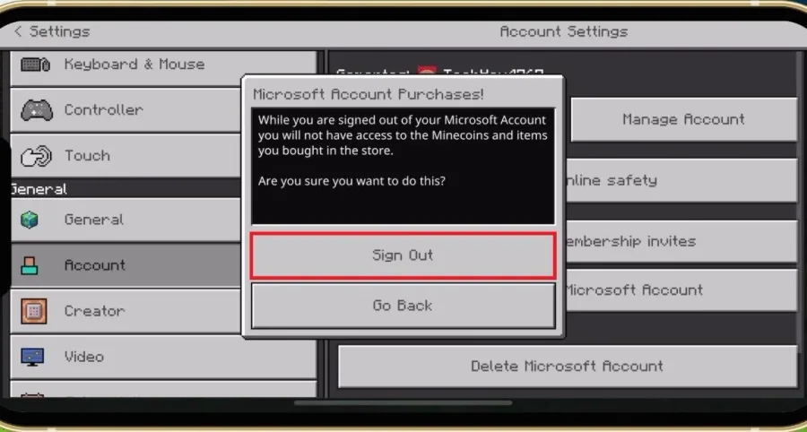 Minecraft PE Settings > Account > Sign Out
