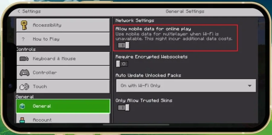Minecraft PE Settings > General > Allow mobile data