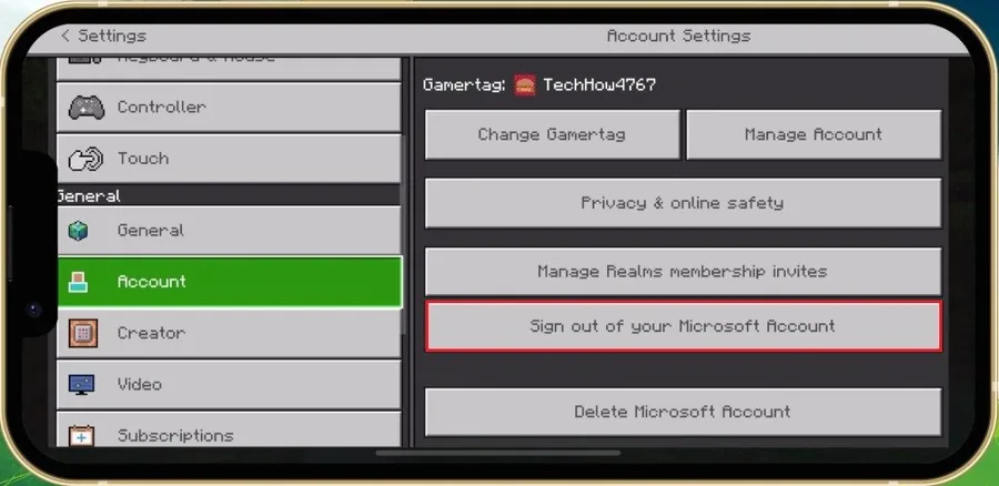 Minecraft PE Settings > Account > Sign Out