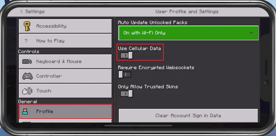 Minecraft Settings > Profile > Use Cellular Data