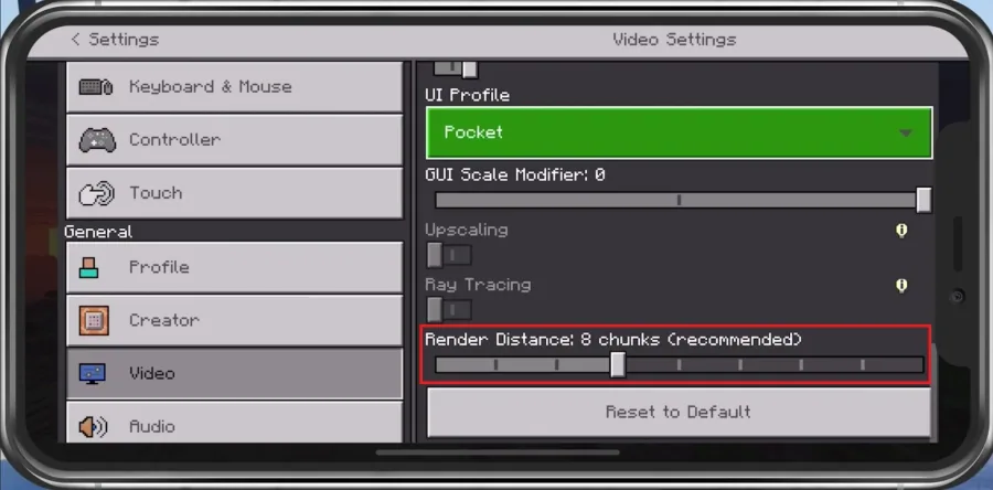 Minecraft PE Settings > Video > Render Distance