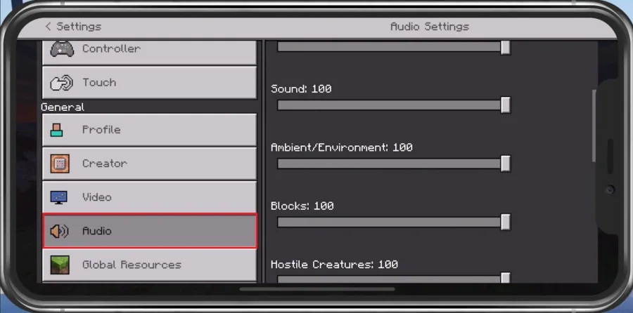 Adjust the volume sliders for Minecraft PE