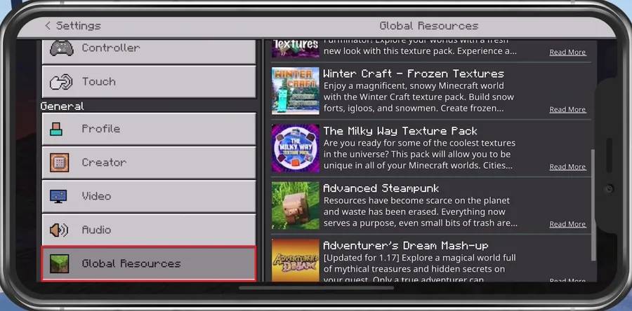 Minecraft PE > Settings > Global Resources