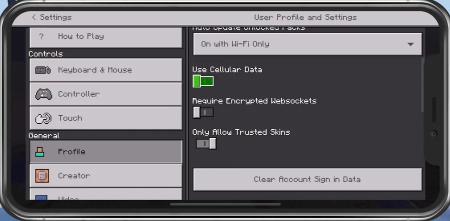 Minecraft Pocket Edition Settings > Profile > Use Cellular Data