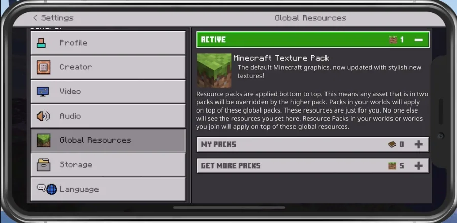 Minecraft PE Settings > Global Resources