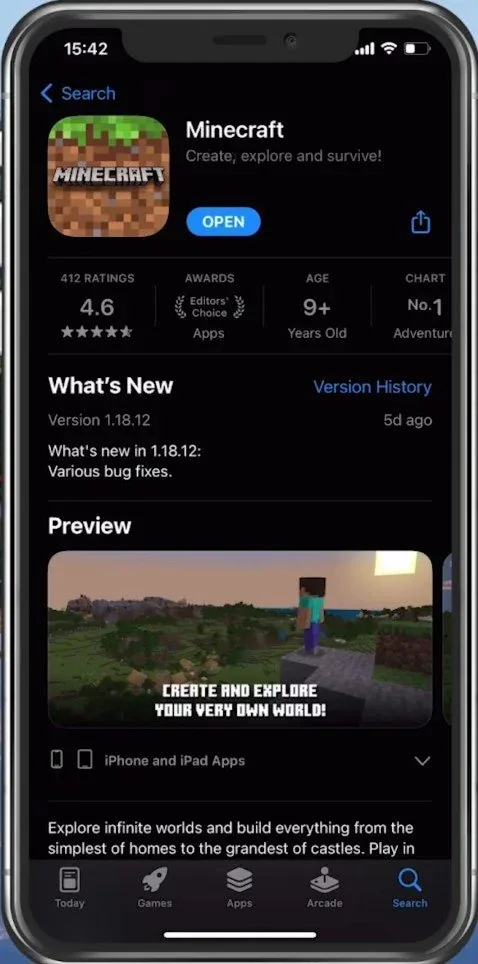 App Store > Minecraft Pocket Edition