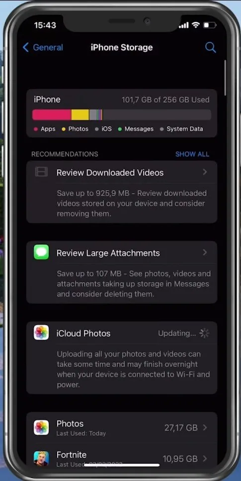iPhone Settings > General > iPhone Storage
