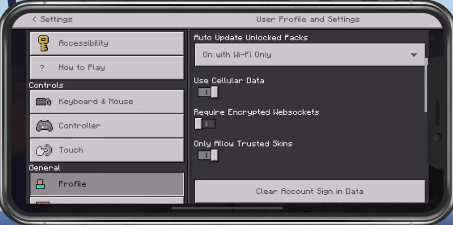 Minecraft PE Settings > Cellular Data