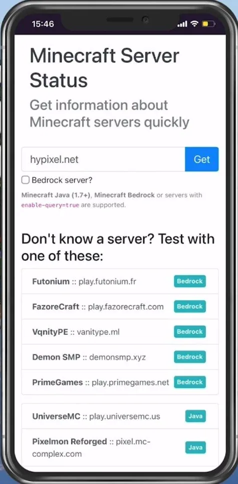 Enter the Minecraft server IP and click on “Get”