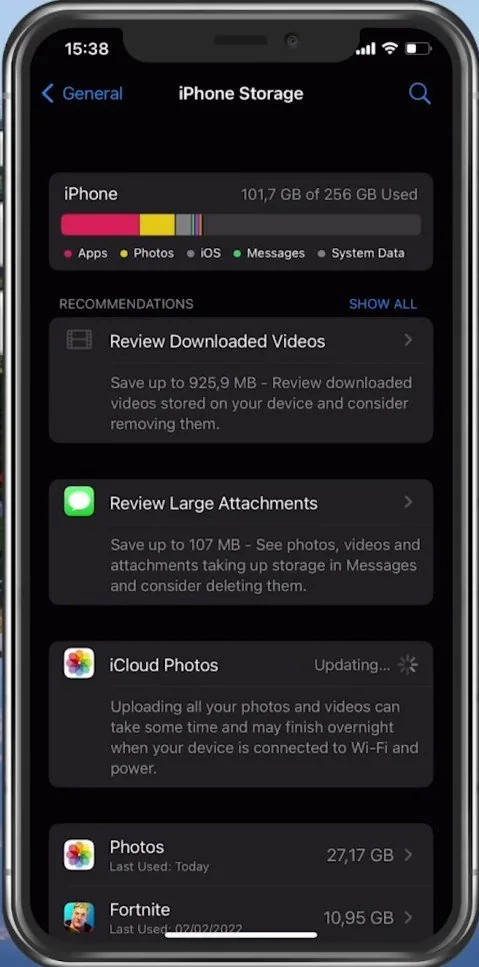 iPhone Settings > General > iPhone Storage
