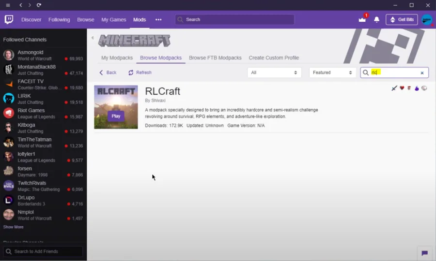 Search for “RLCraft” in the dialogue box in order to find the modpack under “Browse Modpacks”.