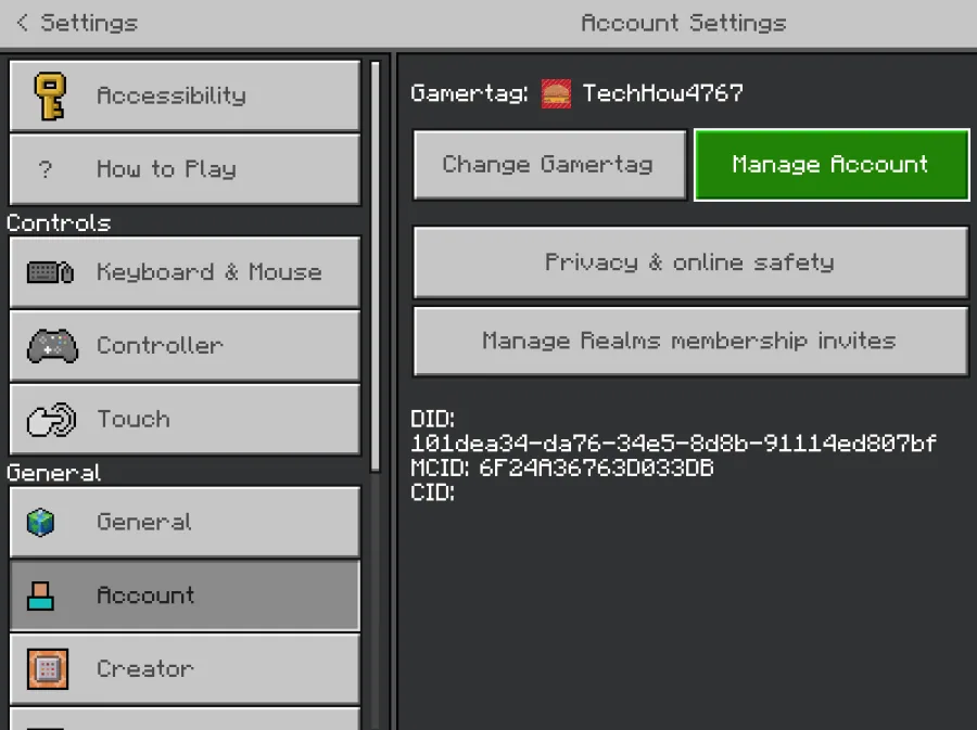 Minecraft Settings > Account > Manage Account