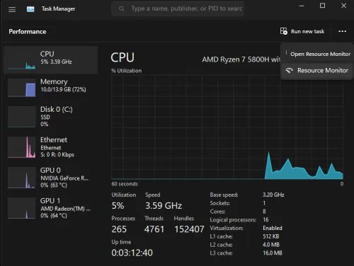 Task Manager > Performance > Open Resource Monitor