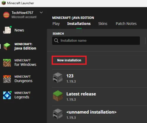 Minecraft Launcher > Installations > New Installation