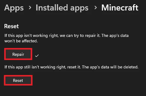 Installed Apps > Minecraft